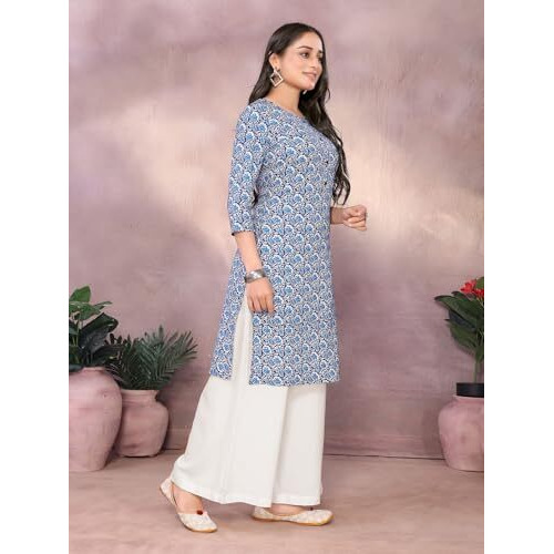 Rangita Blue Rayon Straight Printed Knee Length Kurti | Kurta For Women_M