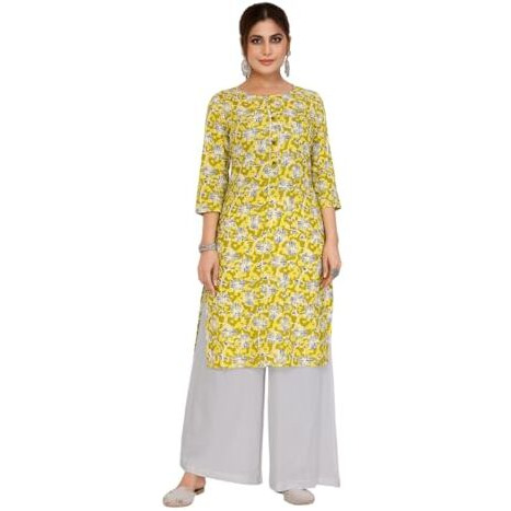 Rangita Yellow Rayon Straight Printed Knee Length Kurti | Kurta For Women_Xl