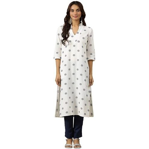 Aurelia Womens Geometric Printed Straight Pure Cotton Kurta | Lightweight V-Neck Kurta For Women Cotton | Yarn Dyed Kurta For Women | Soft & Breathable Regular Fit Kurta For Women White