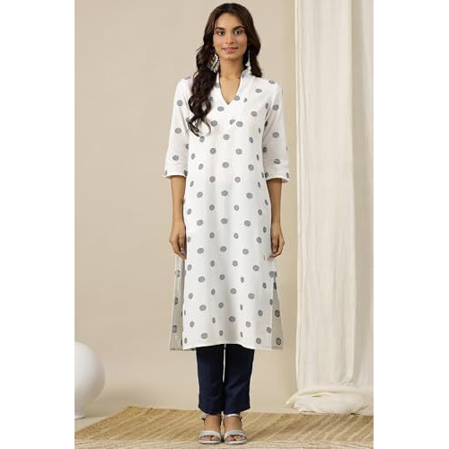 Aurelia Womens Geometric Printed Straight Pure Cotton Kurta | Lightweight V-Neck Kurta For Women Cotton | Yarn Dyed Kurta For Women | Soft & Breathable Regular Fit Kurta For Women White