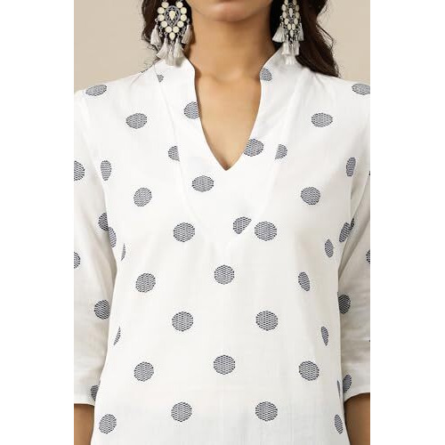Aurelia Womens Geometric Printed Straight Pure Cotton Kurta | Lightweight V-Neck Kurta For Women Cotton | Yarn Dyed Kurta For Women | Soft & Breathable Regular Fit Kurta For Women White