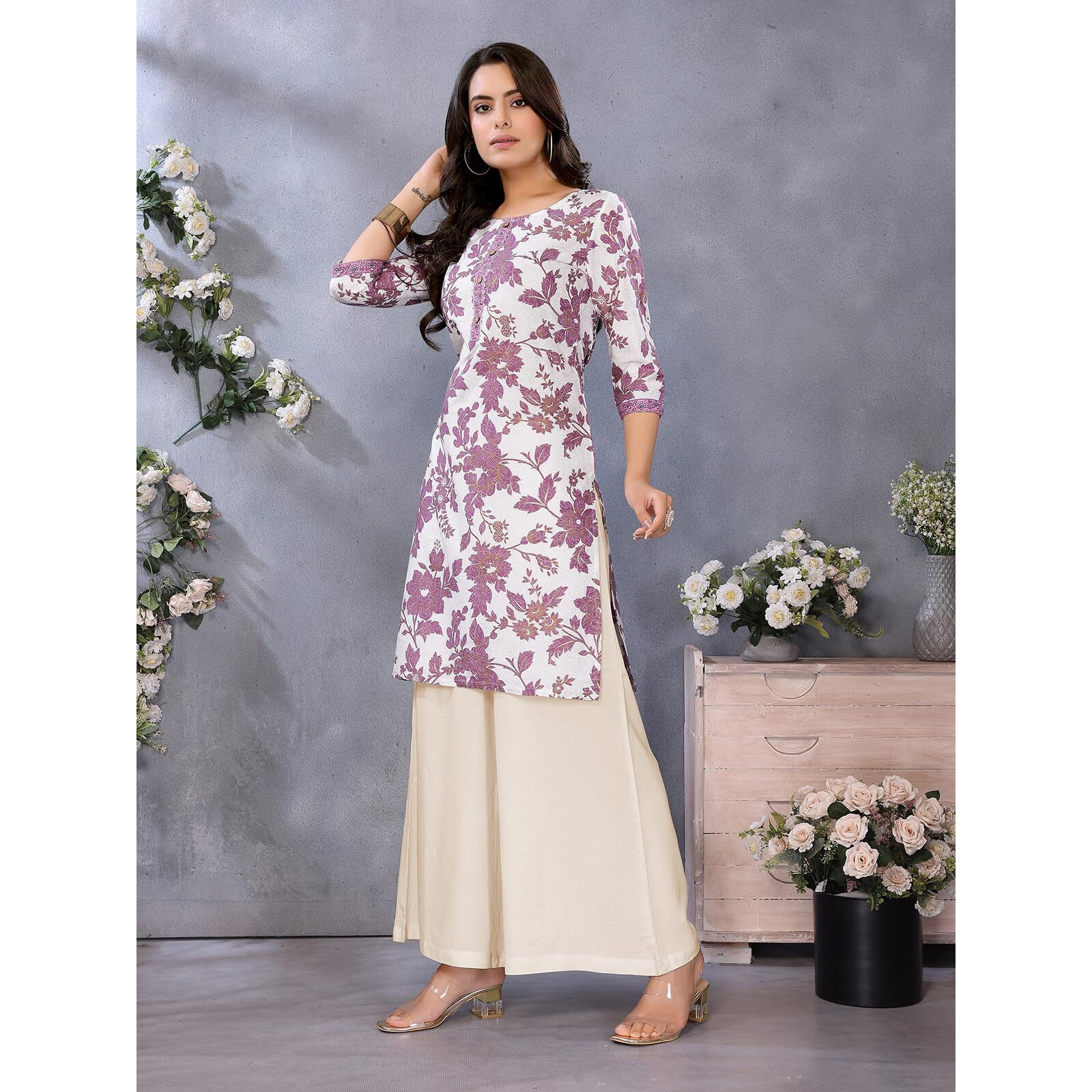 Rangita Mauve Rayon Straight Printed Knee Length Kurti | Kurta For Women_M