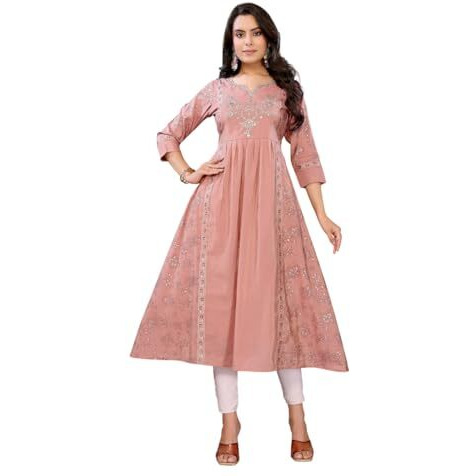 Rangita Peach Viscose Poly Anarkali Printed Calf Length Kurti | Kurta For Women_M