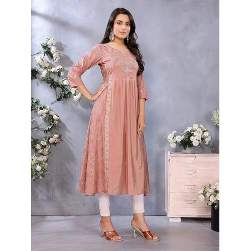 Rangita Peach Viscose Poly Anarkali Printed Calf Length Kurti | Kurta For Women_M