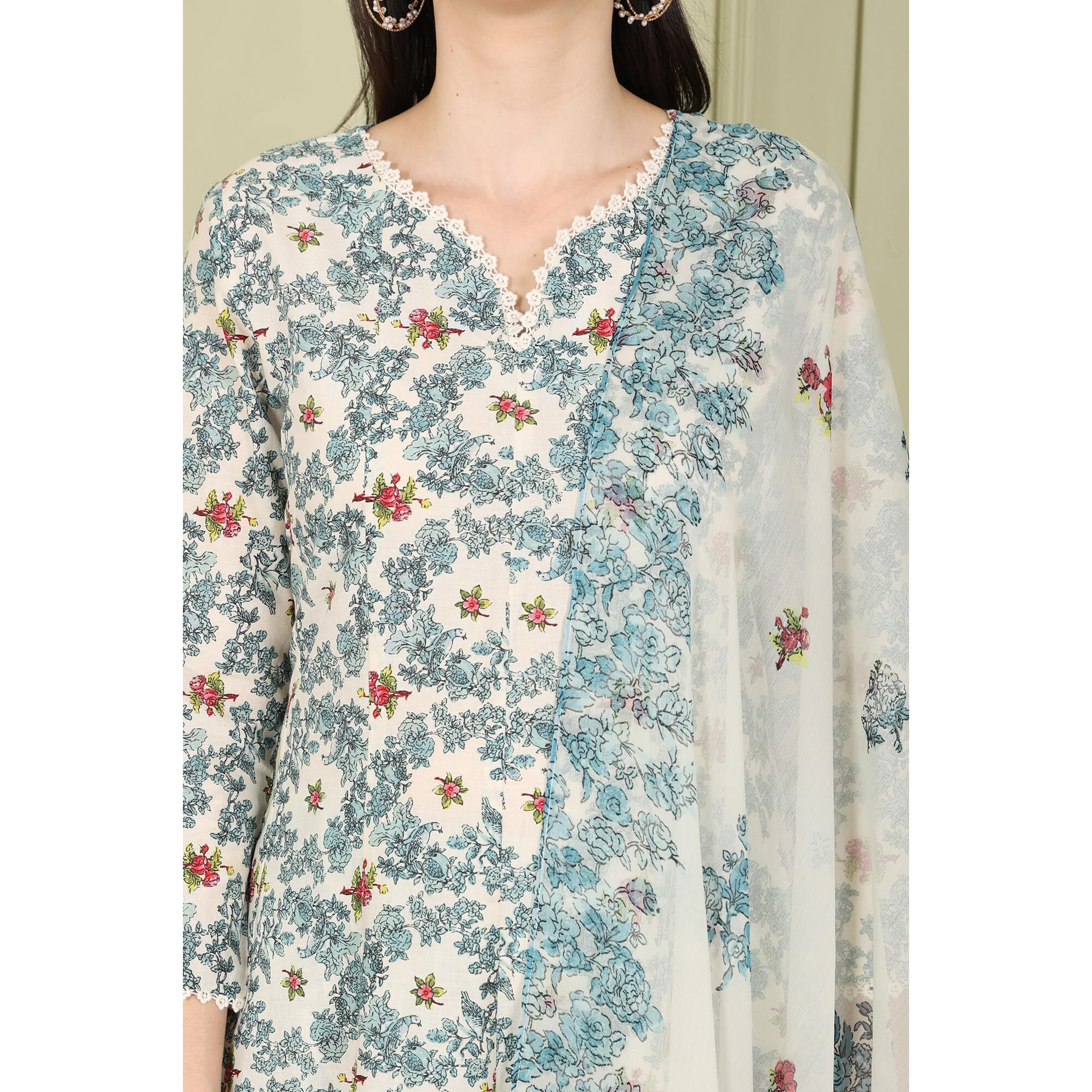 White Floral Printed A-Line Kurta, Pants And Dupatta Set_24Auws11932-124870_M