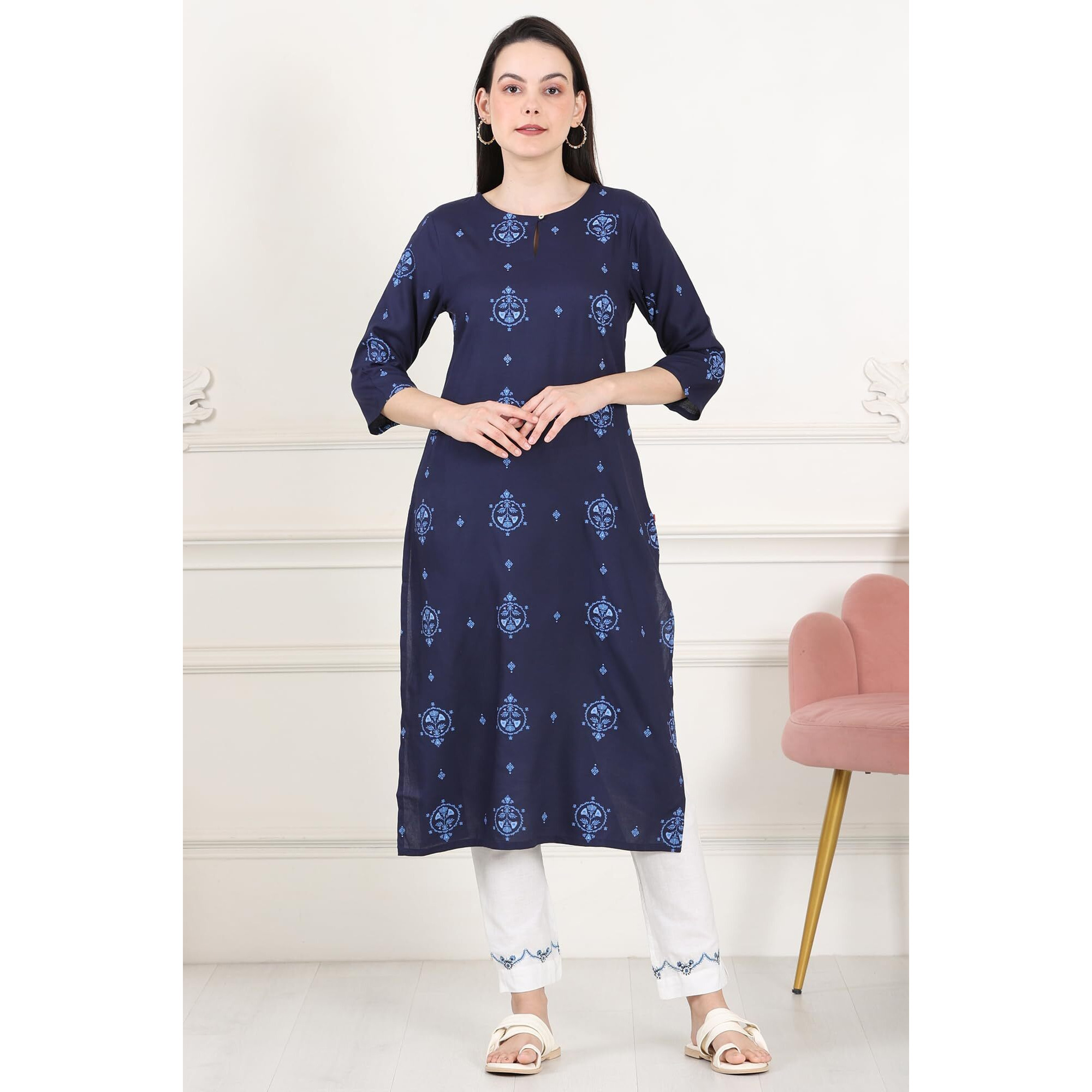 W For Woman Blue Printed Pure Cotton Straight Kurta_24Austw10772-120867_L