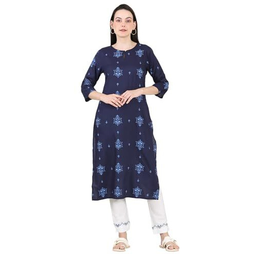W For Woman Blue Printed Pure Cotton Straight Kurta_24Austw10772-120867_Xs