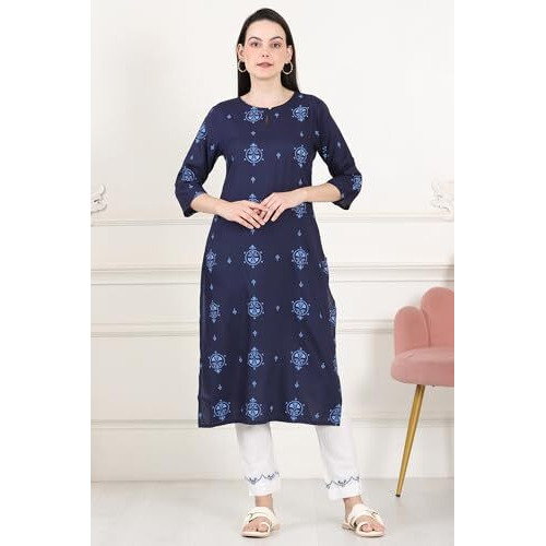 W For Woman Blue Printed Pure Cotton Straight Kurta_24Austw10772-120867_Xs