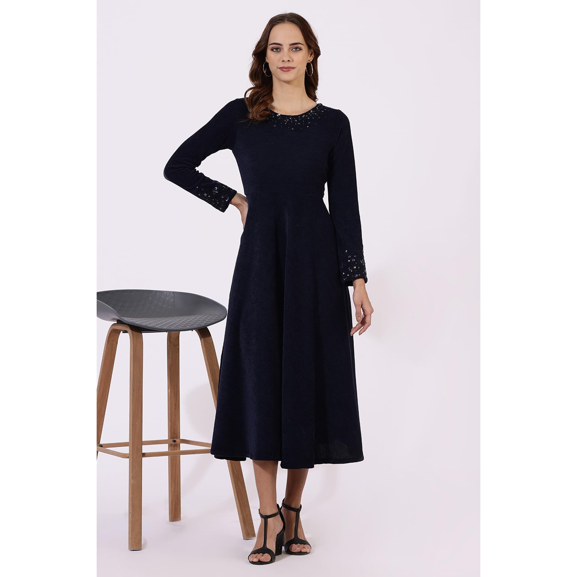 W For Woman Blue Embroidered Sequins Flarred Dresses (Size Xl)-24Now11873-407058