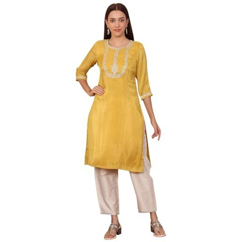 W For Woman Yellow Dori Embroidered Straight Tissue Kurta (Size Xxl)-24Auw12069-221548