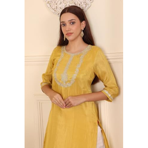 W For Woman Yellow Dori Embroidered Straight Tissue Kurta (Size Xxl)-24Auw12069-221548