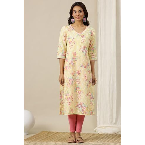 Aurelia Womens Floral Printed Straight Kurta | V-Neck Kurta For Women | Printed Kurta For Women | Beautiful Regular Fit Kurta For Women Yellow