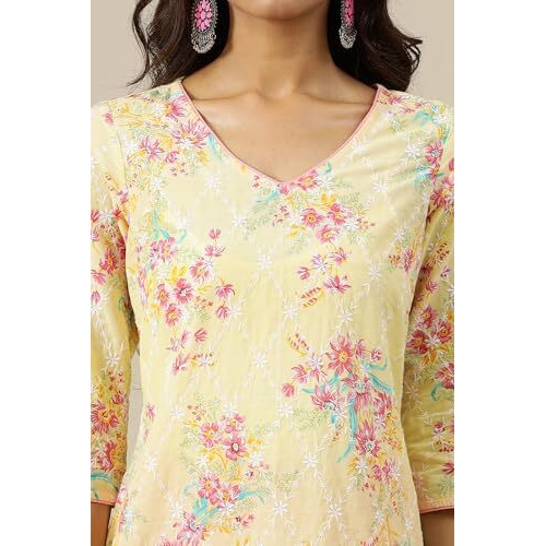 Aurelia Womens Floral Printed Straight Kurta | V-Neck Kurta For Women | Printed Kurta For Women | Beautiful Regular Fit Kurta For Women Yellow
