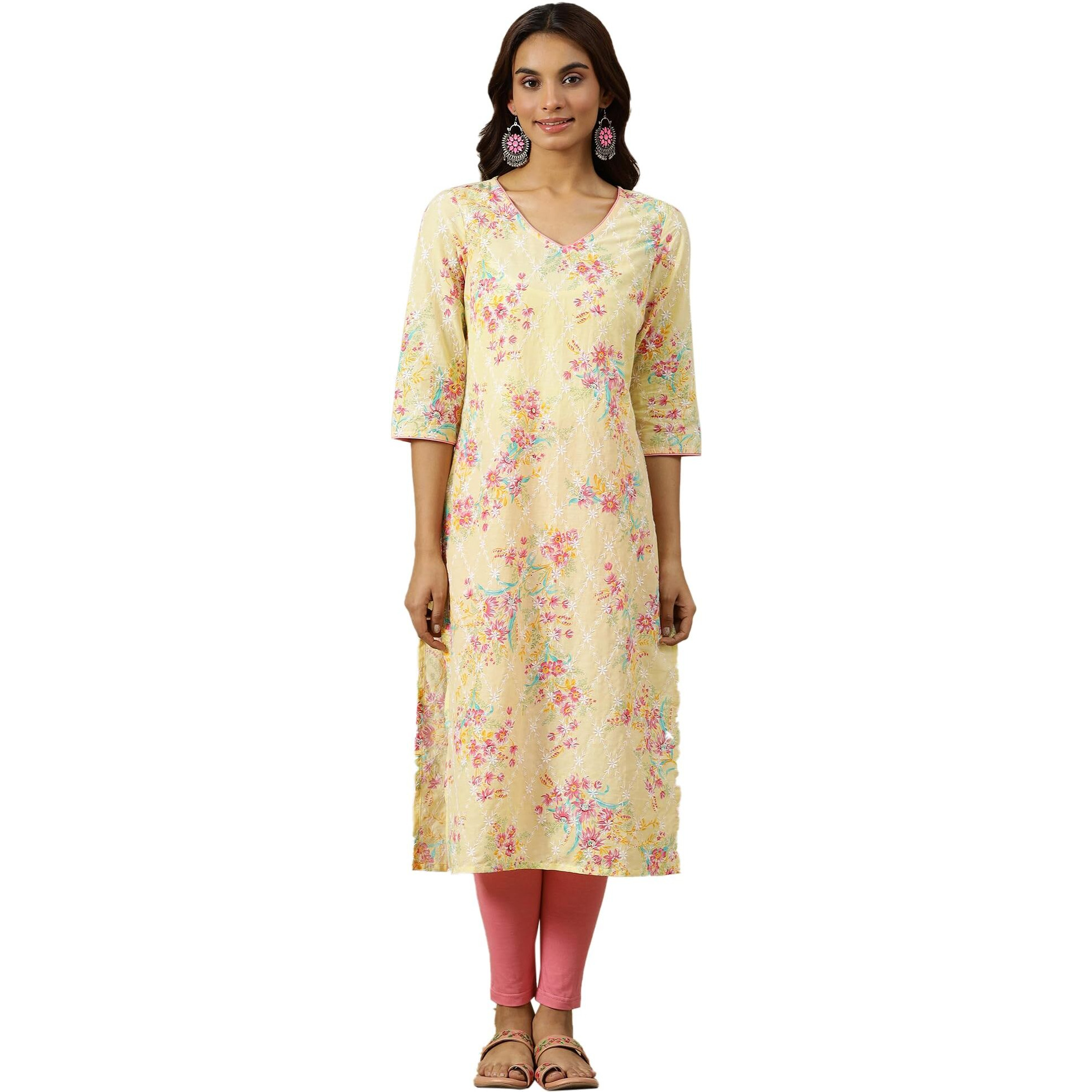 Aurelia Womens Floral Printed Straight Kurta | V-Neck Kurta For Women | Printed Kurta For Women | Beautiful Regular Fit Kurta For Women Yellow