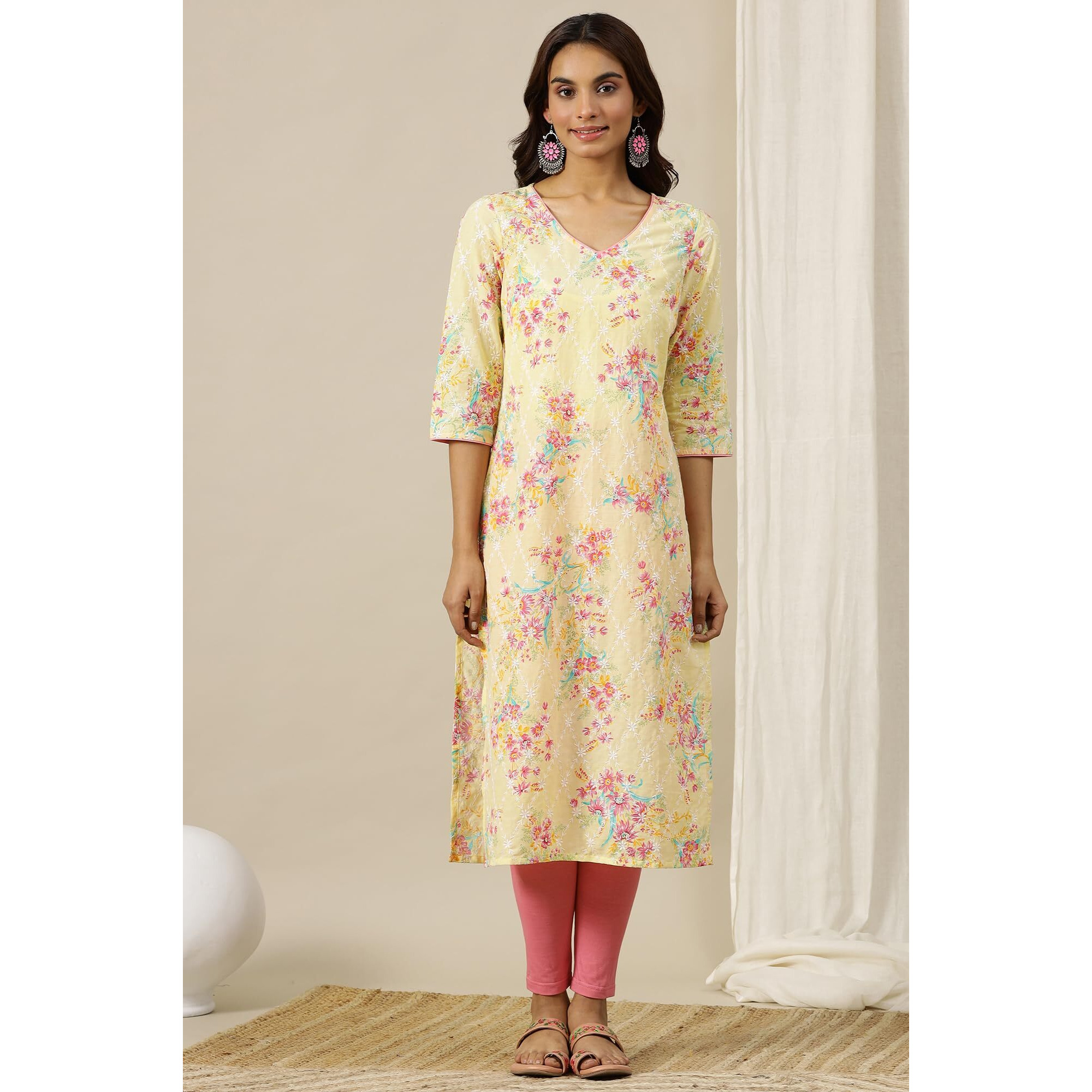 Aurelia Womens Floral Printed Straight Kurta | V-Neck Kurta For Women | Printed Kurta For Women | Beautiful Regular Fit Kurta For Women Yellow