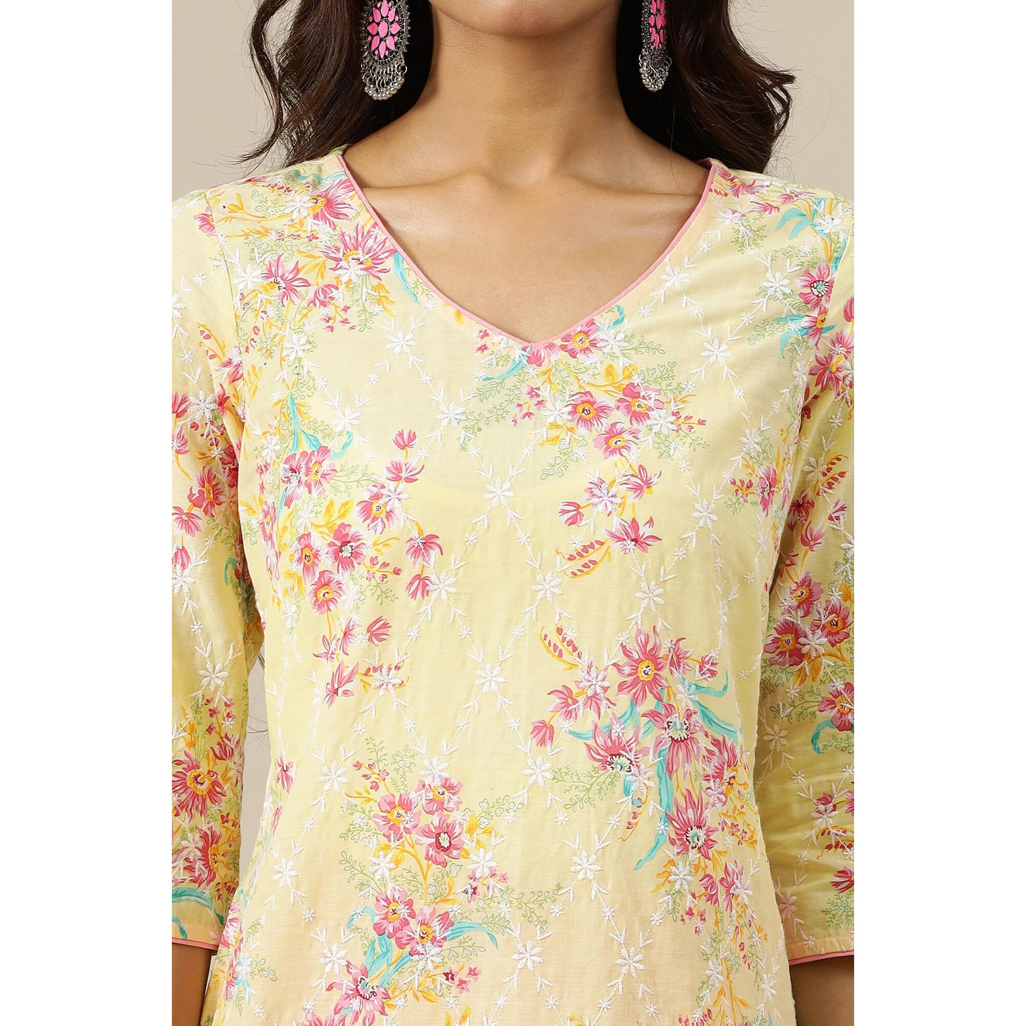 Aurelia Womens Floral Printed Straight Kurta | V-Neck Kurta For Women | Printed Kurta For Women | Beautiful Regular Fit Kurta For Women Yellow