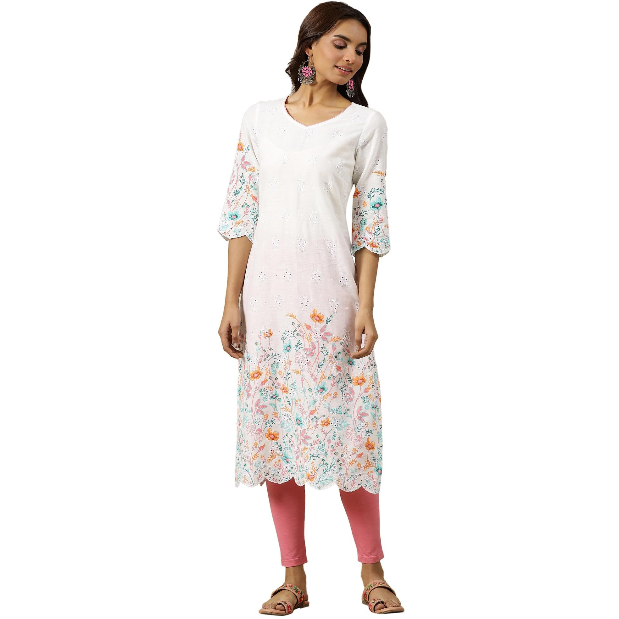 Aurelia Womens Floral Printed Straight Kurta | Sweetheart Neck Kurta For Women | Printed Kurta For Women | Beautiful Regular Fit Kurta For Women White