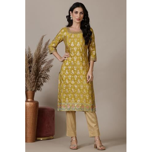 Aurelia Green Foil Printed Straight Kurta With Zari Embroidery (Size M)-24Aua15414-508650