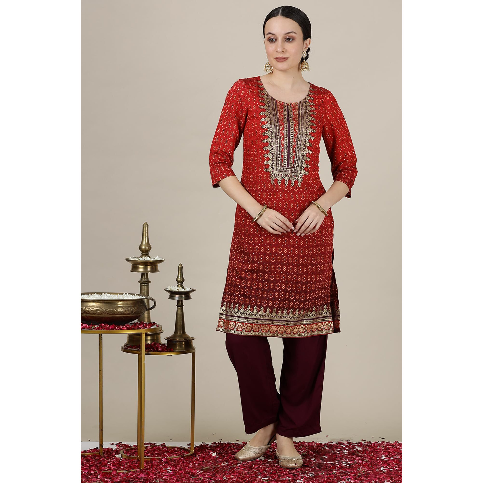 Aurelia Womens Abstract Printed Straight Kurta | Round Neck Kurta For Women | Printed Kurta For Women | Beautiful Regular Fit Kurta For Women Red