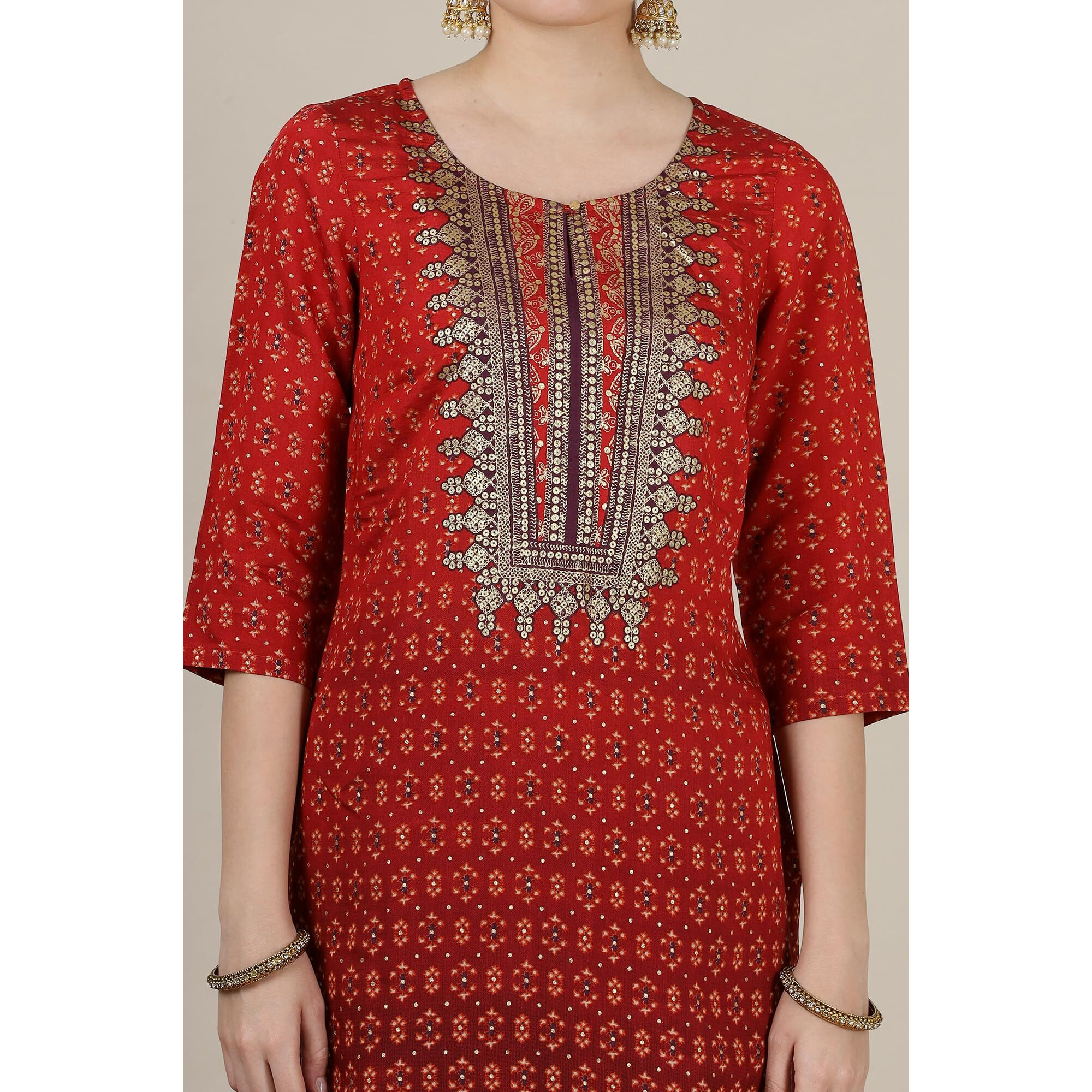 Aurelia Womens Abstract Printed Straight Kurta | Round Neck Kurta For Women | Printed Kurta For Women | Beautiful Regular Fit Kurta For Women Red