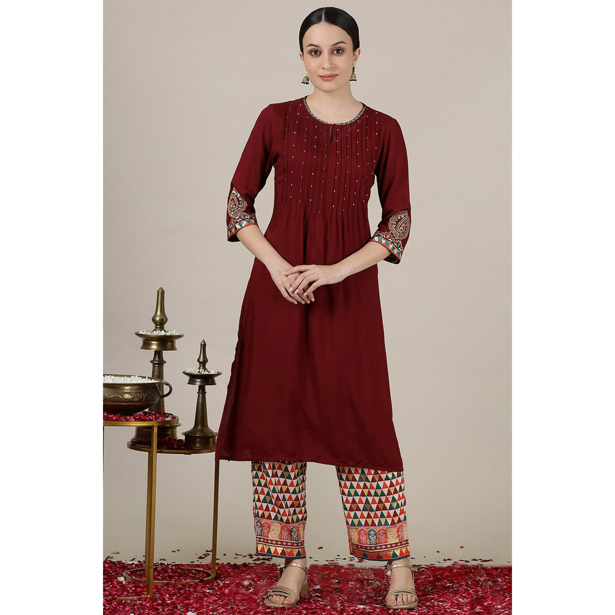 Aurelia Womens Solid Straight Kurta | Round Neck Kurta For Women | Solid Kurta For Women | Beautiful Regular Fit Kurta For Women Maroon