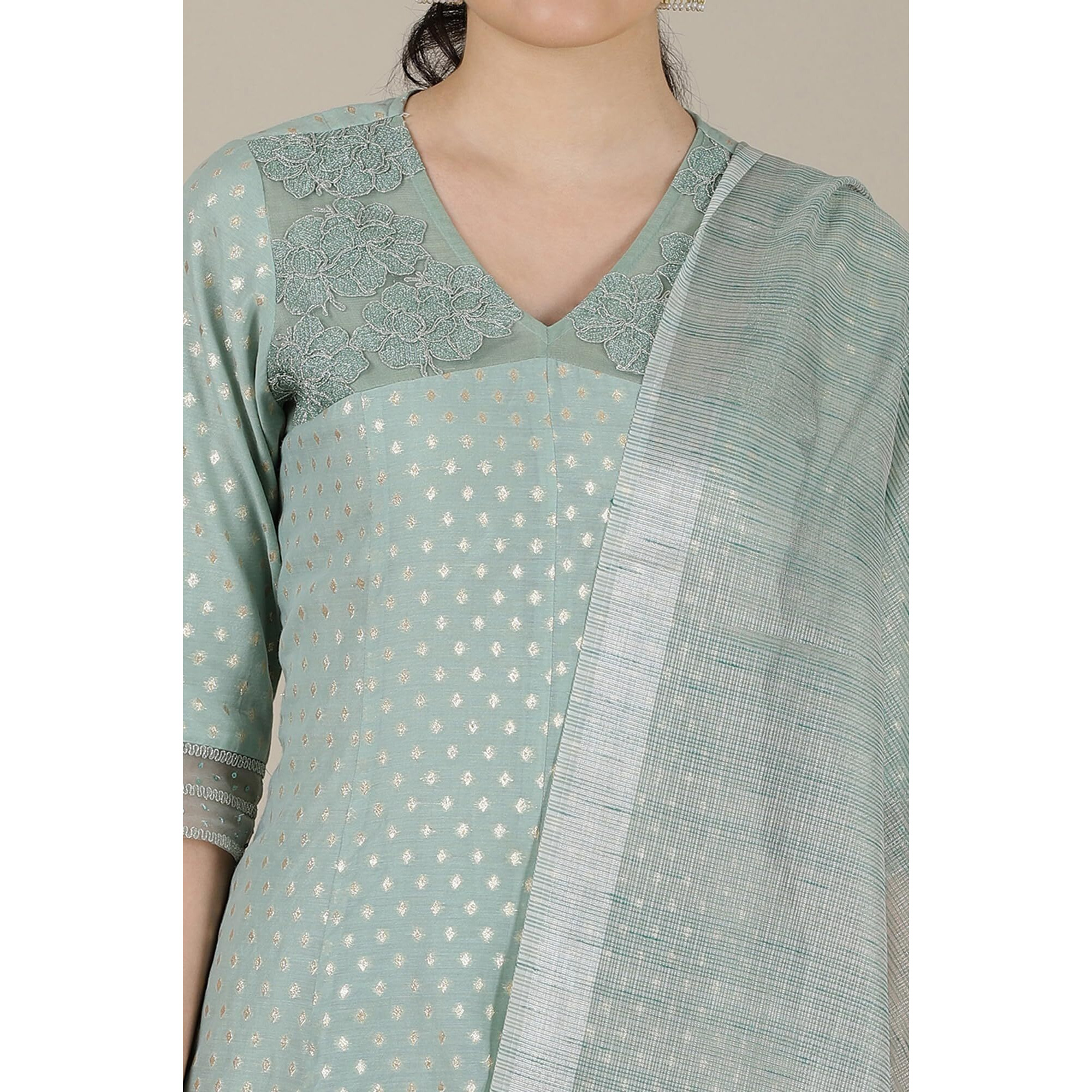 Aurelia Womens Geometric Printed Flared Kurta Set With Trouser And Dupatta For Women