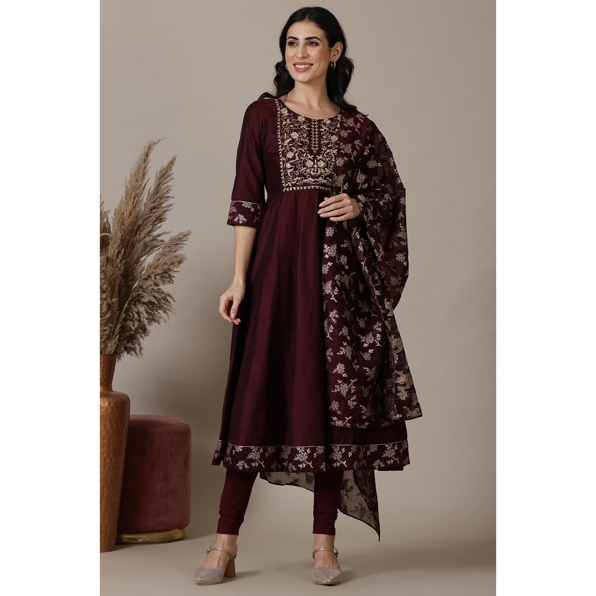 Aurelia Maroon Gota Patti Embroidered Anarkali Kurta, Churidar And Jacquard Dupatta (Size M)-24Auas15393-705352