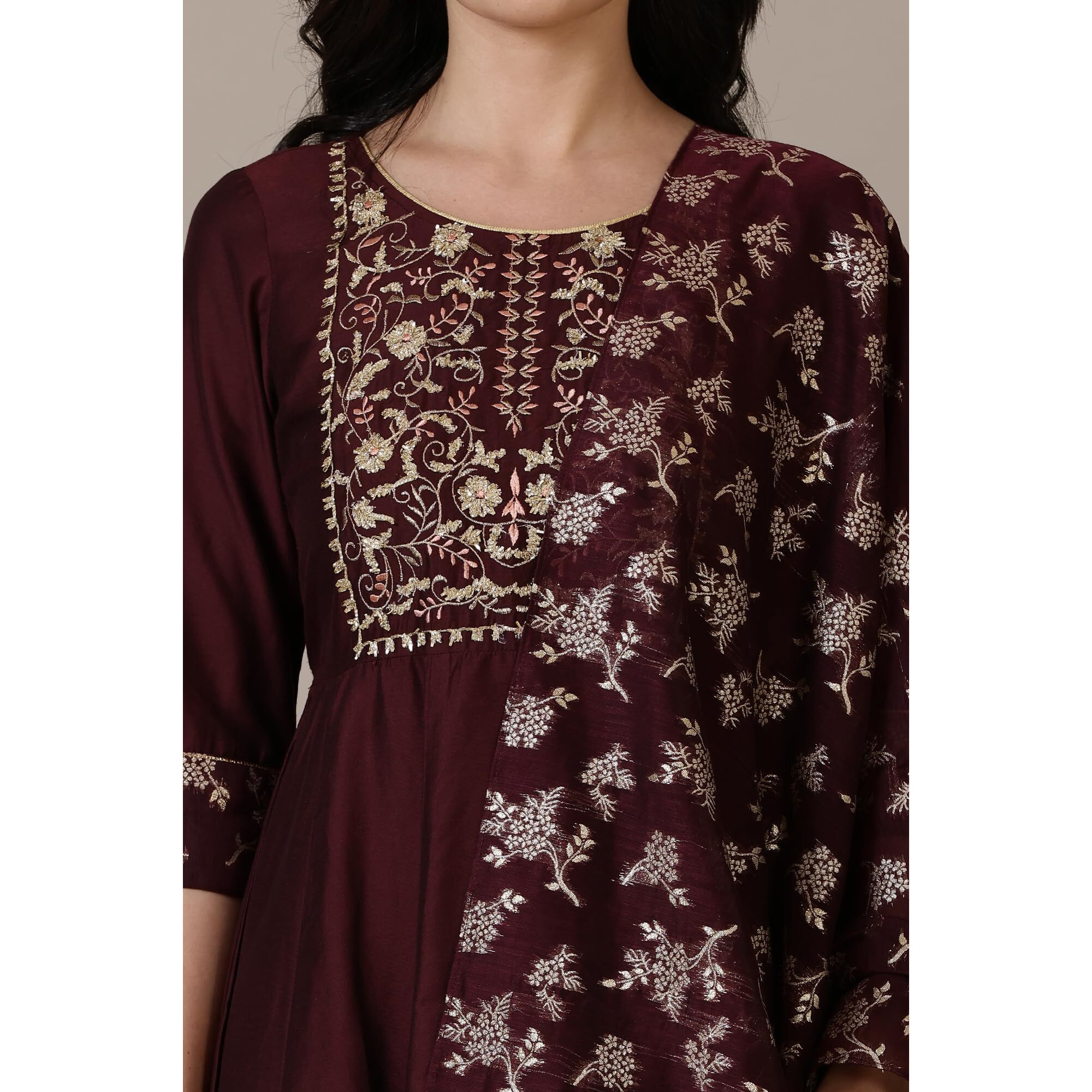 Aurelia Maroon Gota Patti Embroidered Anarkali Kurta, Churidar And Jacquard Dupatta (Size M)-24Auas15393-705352