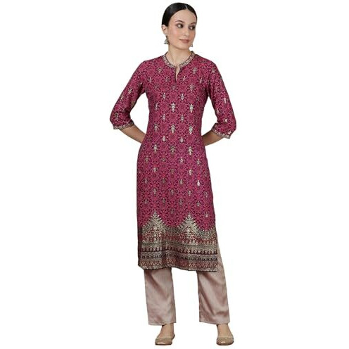 Aurelia Womens Abstract Printed Straight Kurta | Band Collar Kurta For Women | Printed Kurta For Women | Beautiful Regular Fit Kurta For Women Pink
