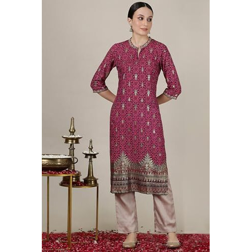 Aurelia Womens Abstract Printed Straight Kurta | Band Collar Kurta For Women | Printed Kurta For Women | Beautiful Regular Fit Kurta For Women Pink