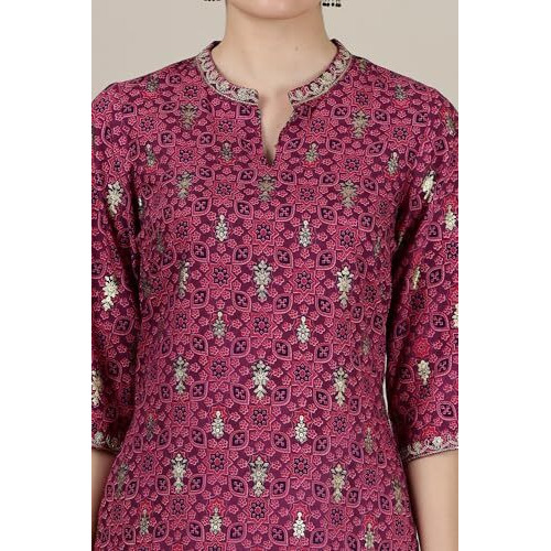 Aurelia Womens Abstract Printed Straight Kurta | Band Collar Kurta For Women | Printed Kurta For Women | Beautiful Regular Fit Kurta For Women Pink