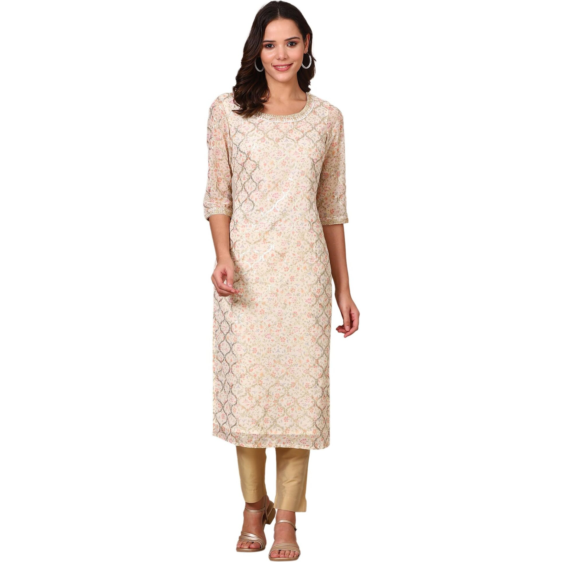 Aurelia Beige Abstract Printed Georgette Kurta With Embellished Neck (Size M)-24Aua15431-508796