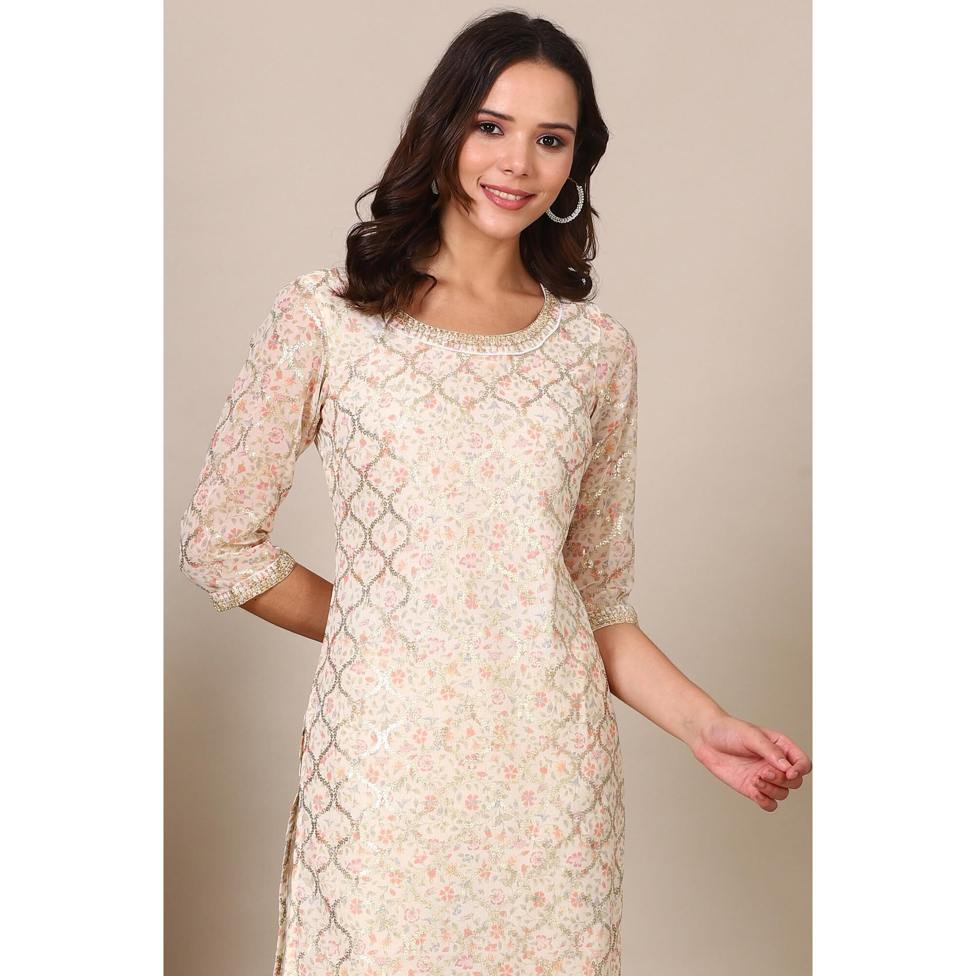 Aurelia Beige Abstract Printed Georgette Kurta With Embellished Neck (Size M)-24Aua15431-508796