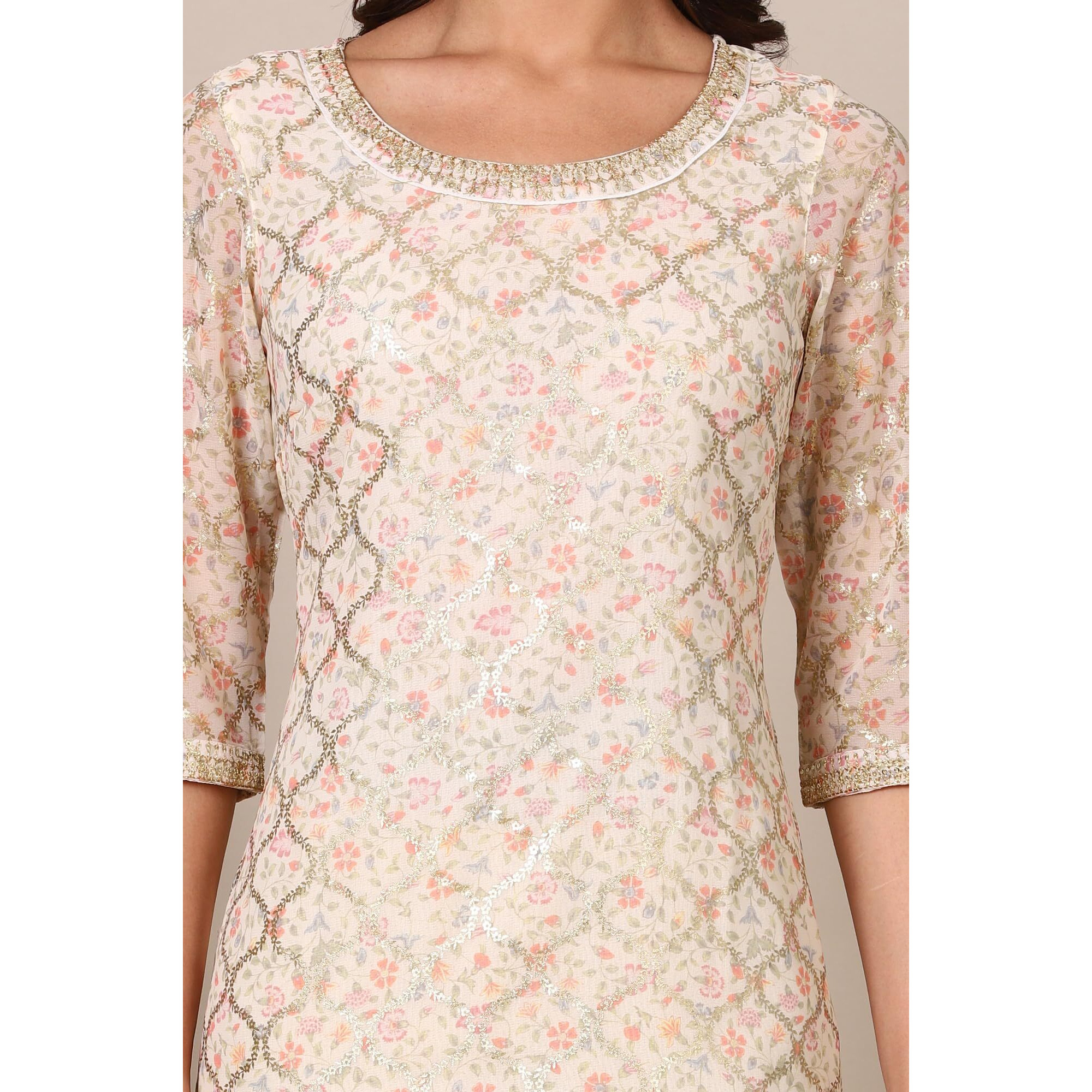 Aurelia Beige Abstract Printed Georgette Kurta With Embellished Neck (Size M)-24Aua15431-508796
