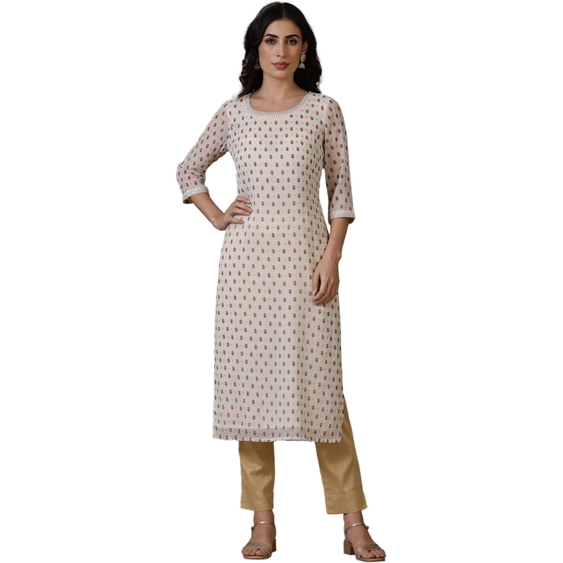 Aurelia Off-White Foil Printed Kurta In Silver Chiffon Fabric (Size Xl)-24Aua15431-508355