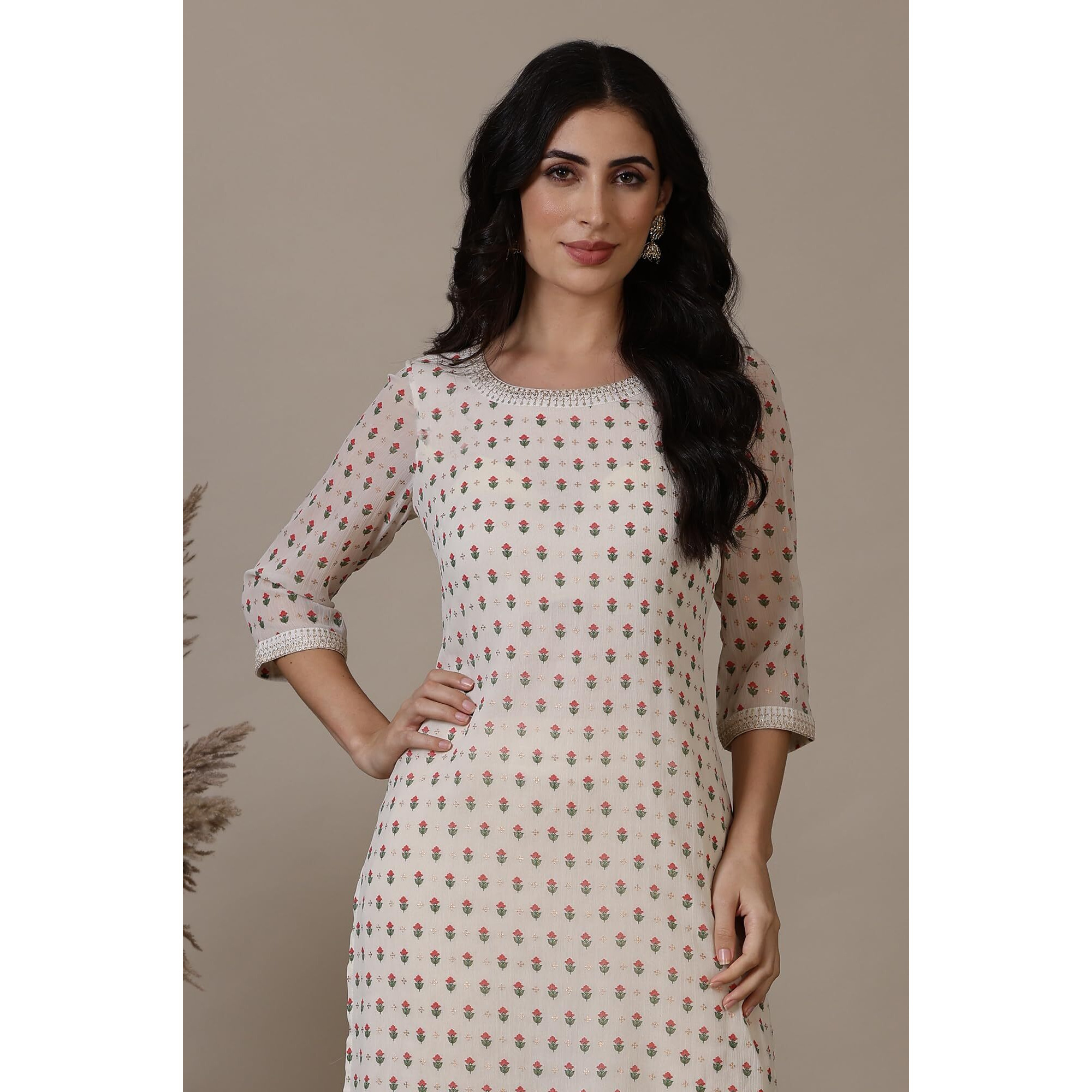Aurelia Off-White Foil Printed Kurta In Silver Chiffon Fabric (Size Xl)-24Aua15431-508355