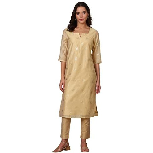 Beige Foil Printed Chanderi Straight Kurta (Size Xl)-24Aua15484-507973