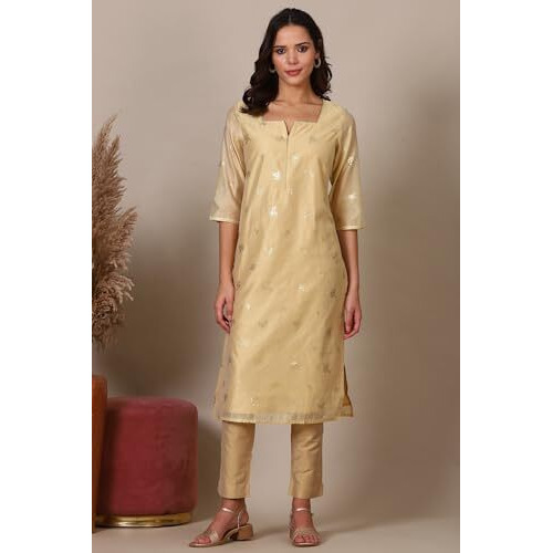 Beige Foil Printed Chanderi Straight Kurta (Size Xl)-24Aua15484-507973