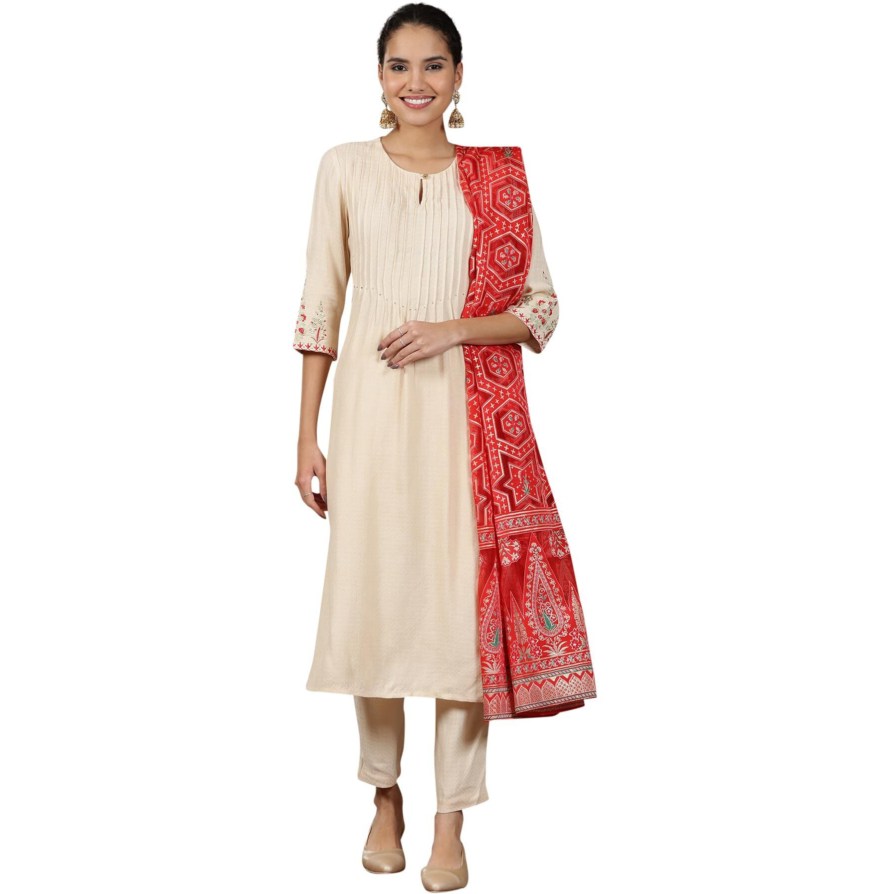 Aurelia Womens Solid A-Line Kurta Set With Palazzos And Dupatta For Women