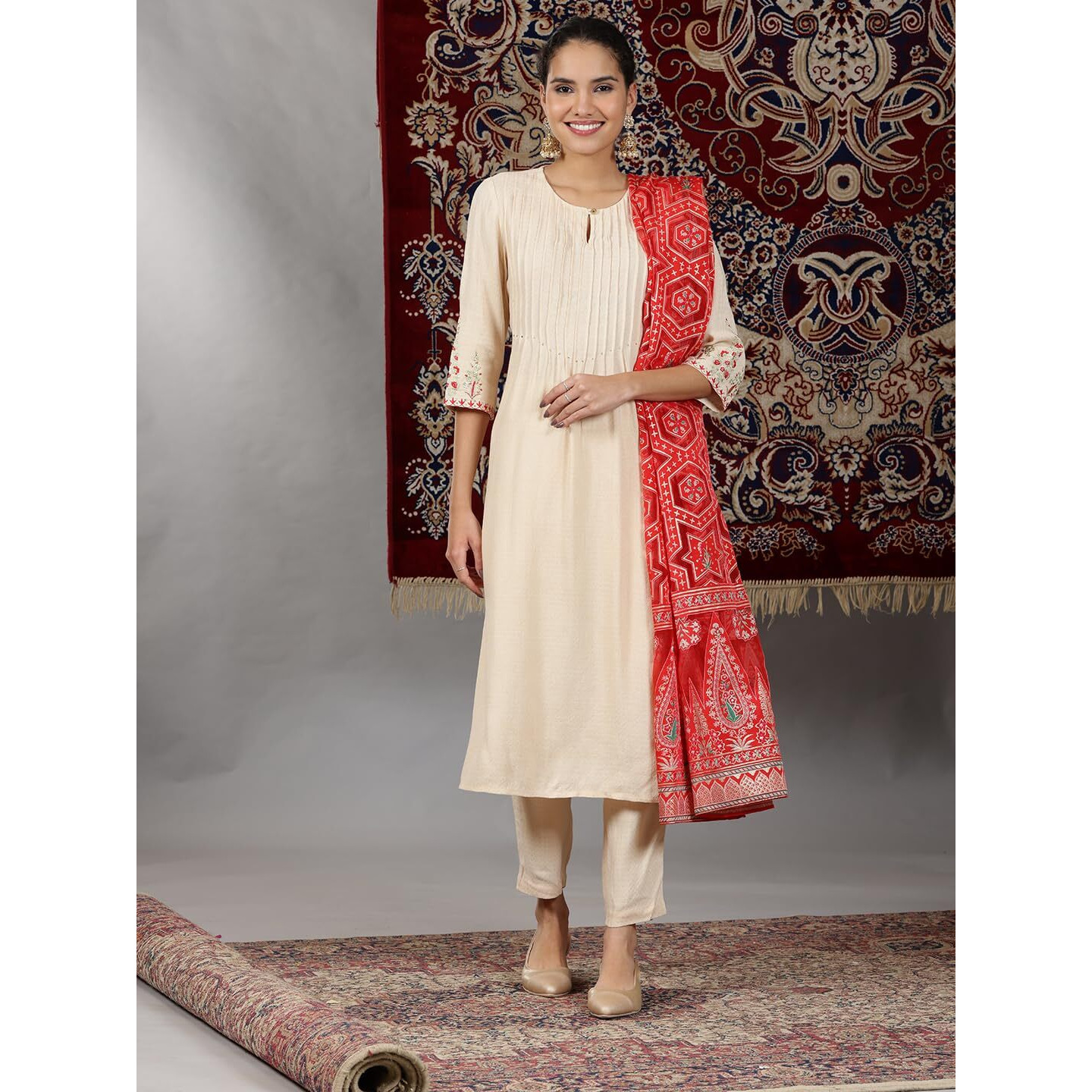 Aurelia Womens Solid A-Line Kurta Set With Palazzos And Dupatta For Women