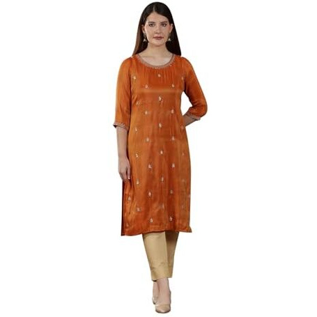 Aurelia Womens Solid Straight Kurta | Lightweight Round Neck Kurta For Women | Solid Kurta For Women | Beautiful Regular Fit Kurta For Women Orange