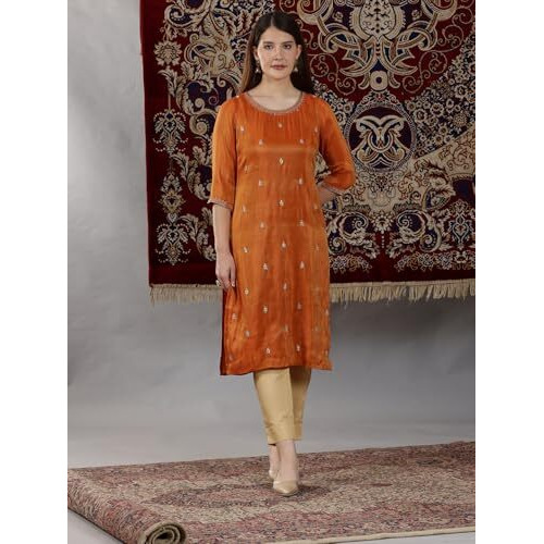 Aurelia Womens Solid Straight Kurta | Lightweight Round Neck Kurta For Women | Solid Kurta For Women | Beautiful Regular Fit Kurta For Women Orange