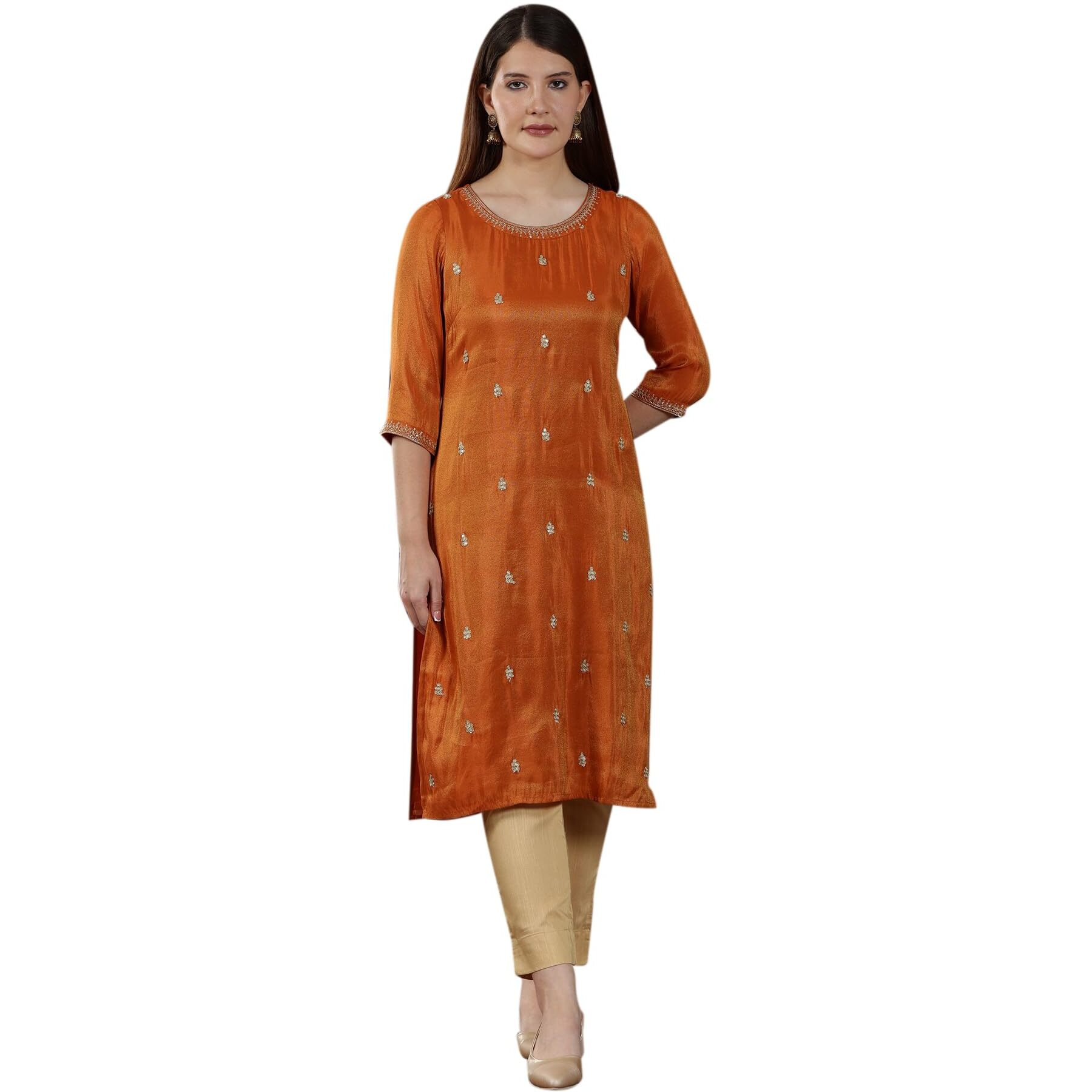Aurelia Womens Solid Straight Kurta | Lightweight Round Neck Kurta For Women | Solid Kurta For Women | Beautiful Regular Fit Kurta For Women Orange