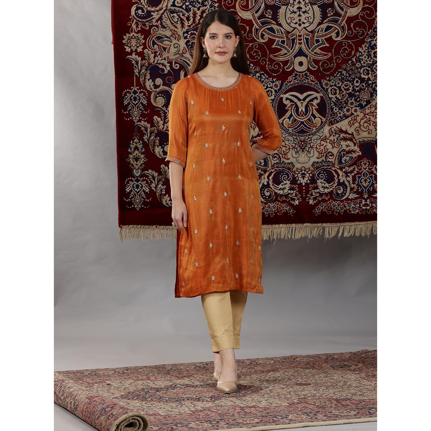 Aurelia Womens Solid Straight Kurta | Lightweight Round Neck Kurta For Women | Solid Kurta For Women | Beautiful Regular Fit Kurta For Women Orange