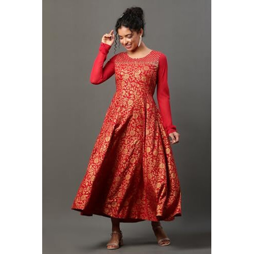 Red Floral Printed Anarkali Festive Kurta (Size Xl)-24Aua14968-506938