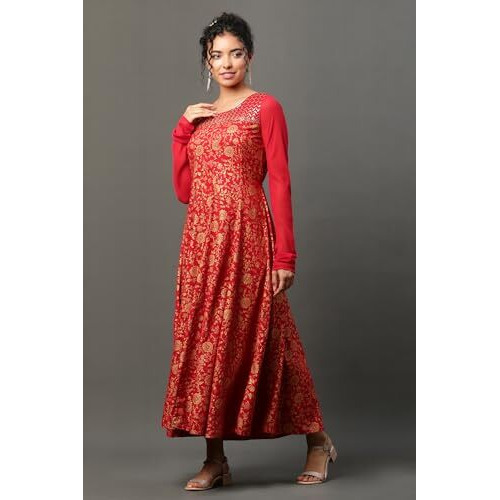 Red Floral Printed Anarkali Festive Kurta (Size Xl)-24Aua14968-506938