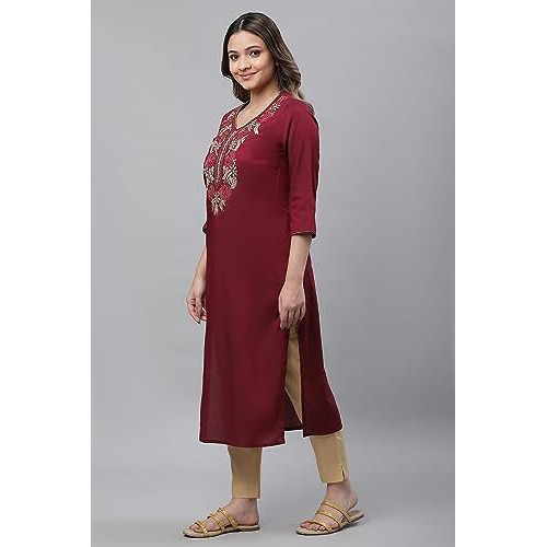 Wine Embroidered Festive Kurta (Size Xl)-24Aua14761-704675