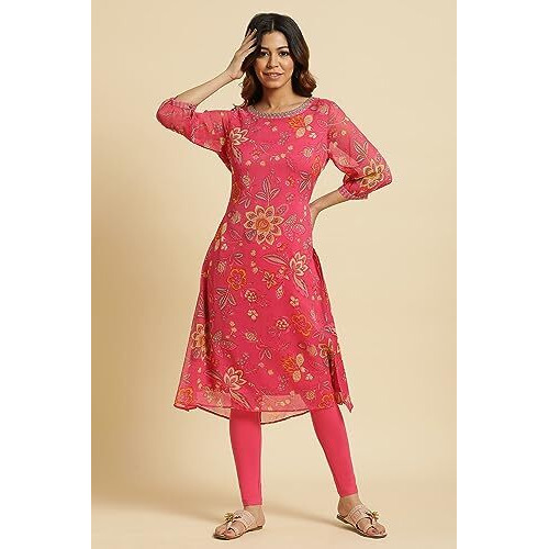 W For Woman Pink Chiffon Printed Kurta With Multi-Coloured Floral Embroidery_24Auw19729-121269_L