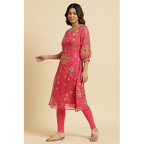 W For Woman Pink Chiffon Printed Kurta With Multi-Coloured Floral Embroidery_24Auw19729-121269_L