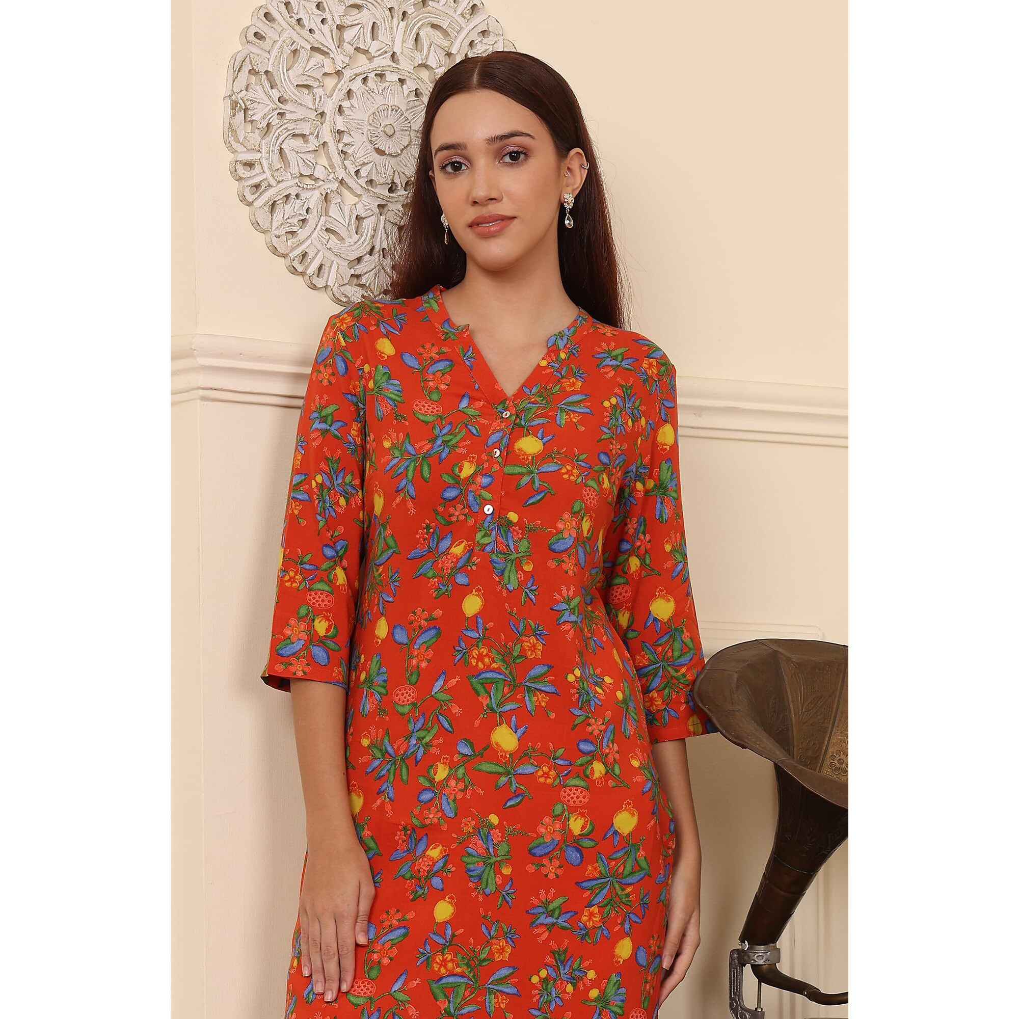 W For Woman Orange Floral Printed Rayon Straight Kurta (Size Xl)-24Auw11920-124867